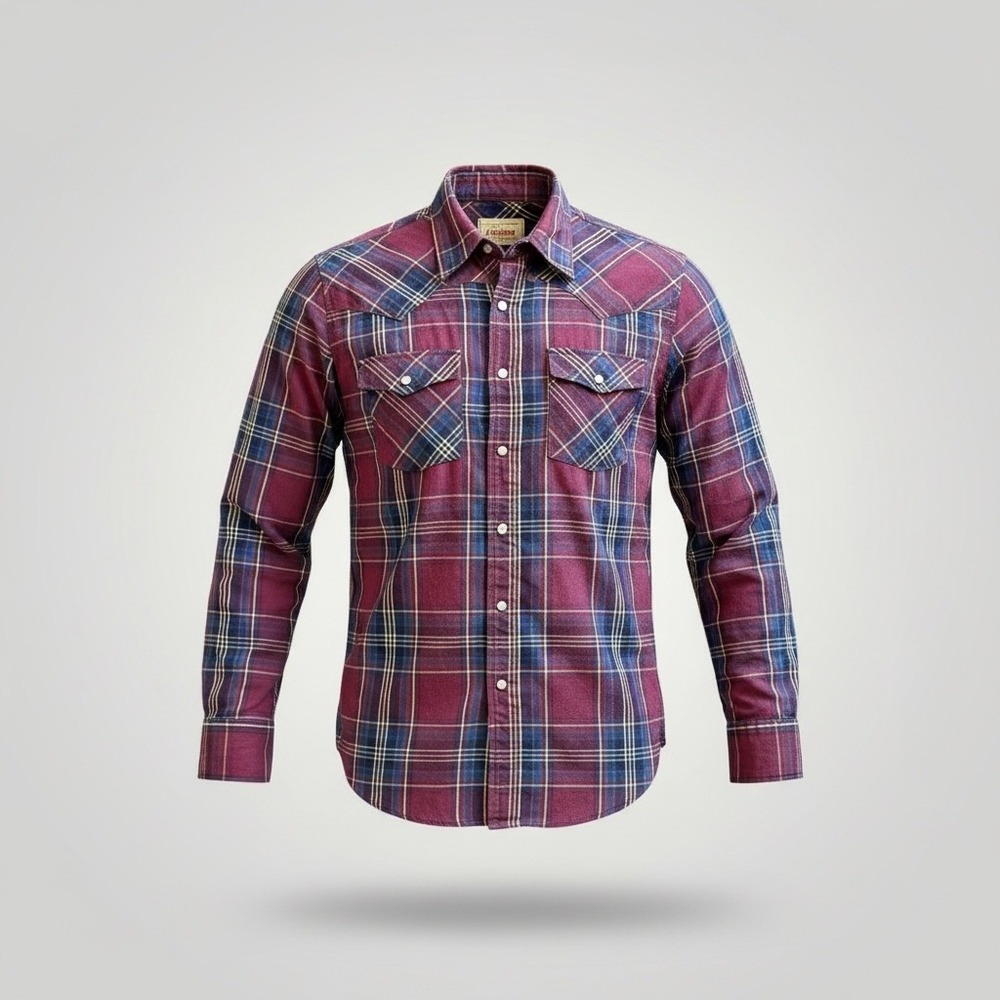 Bit & Bridle Western Pearl Snap Shirt Mens Medium Burgundy Plaid Cowboy Rodeo
